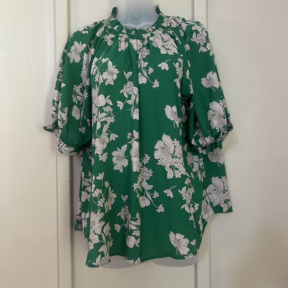 Sienna Sky Blouse Womens XL Green Floral High Neck Puff Sleeve Tunic Boho Top